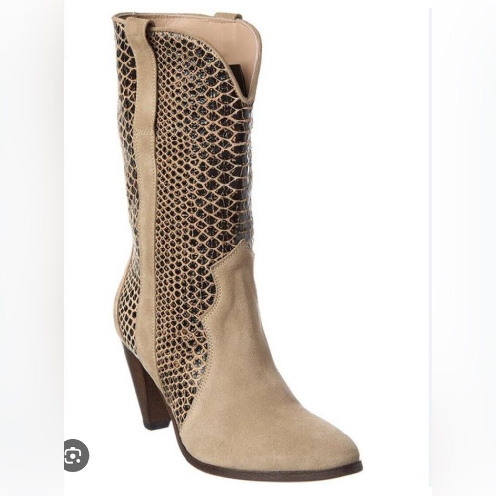 Free People Feather Heel Beige Suede Snake Boots 38=7.5-8US